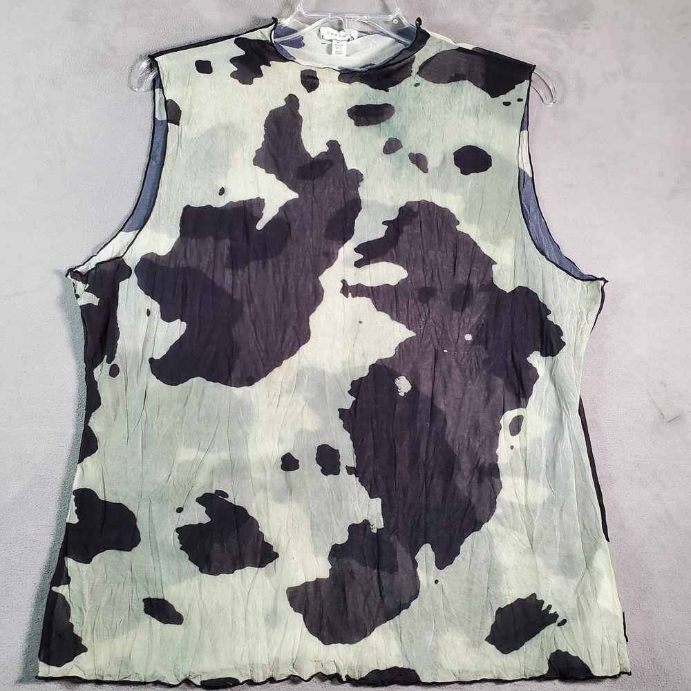 Topshop Top Womens L Green Black‎ Cow Print Sheer Sleeveless Grunge Y2K Retro